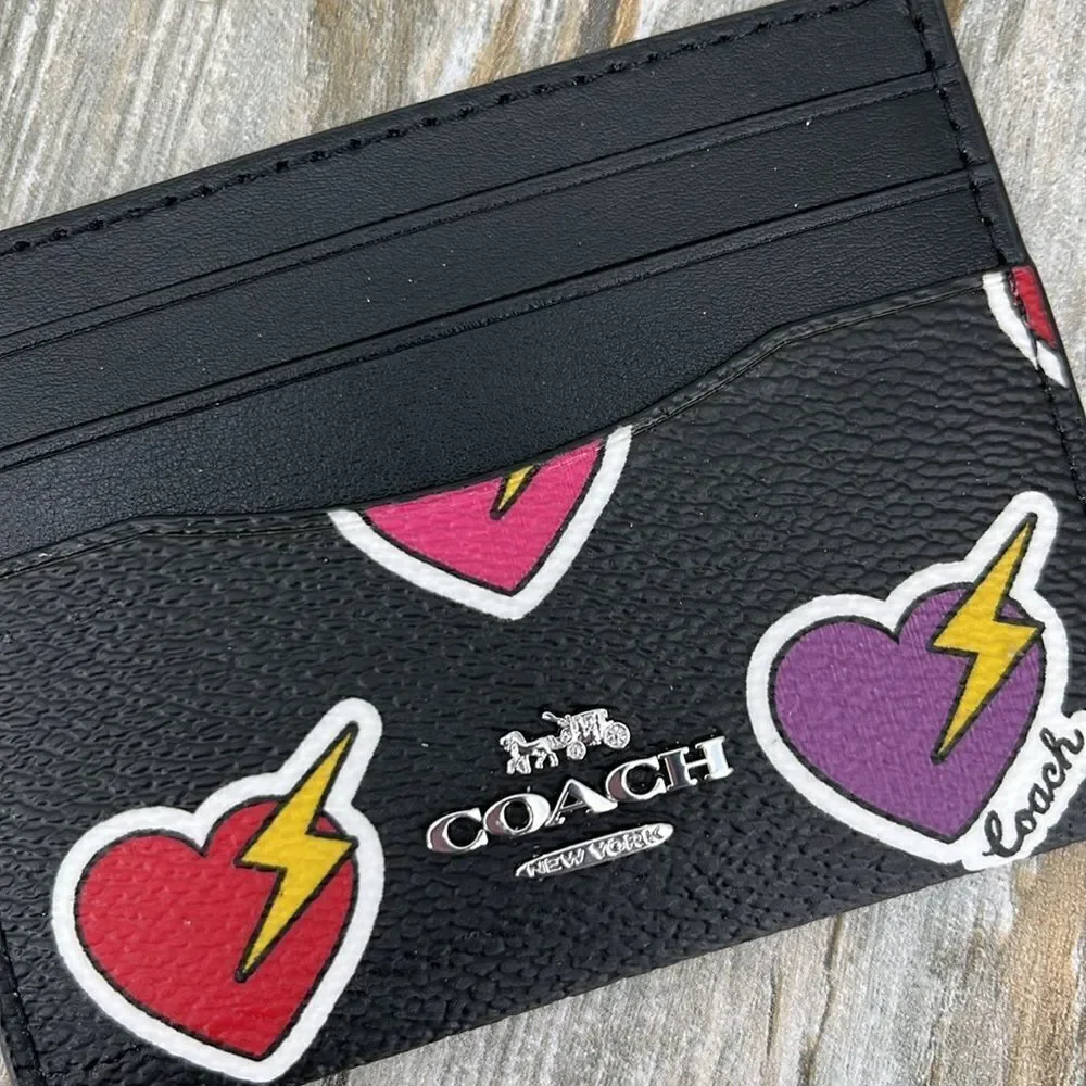 Coach Slim Id Card Case With Heart Bolt Print Wallet Bag Purse